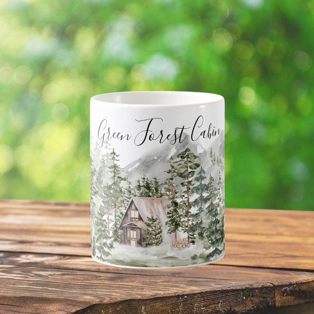 Mug Cabane aquarelle dans la forêt verte de pins boisé (In situ)