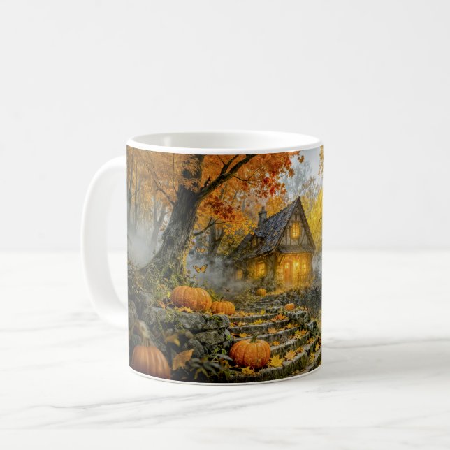 Mug Cabane de forêt d'Halloween avec citrouilles, chem (Devant gauche)