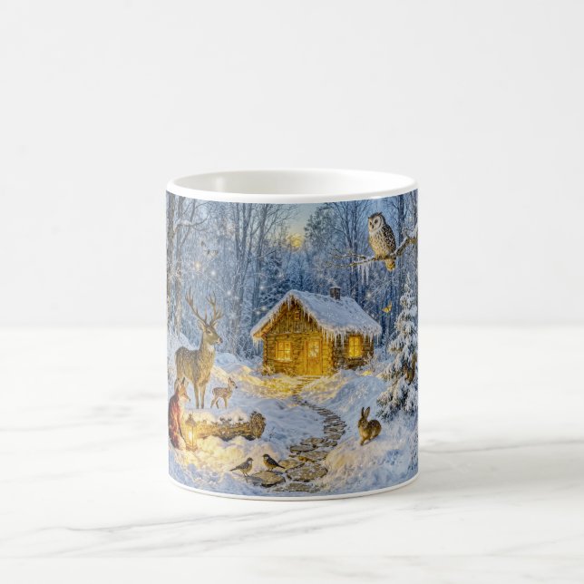 Mug Cabane de forêt enneigée avec chouette, cerf et re (Centre)