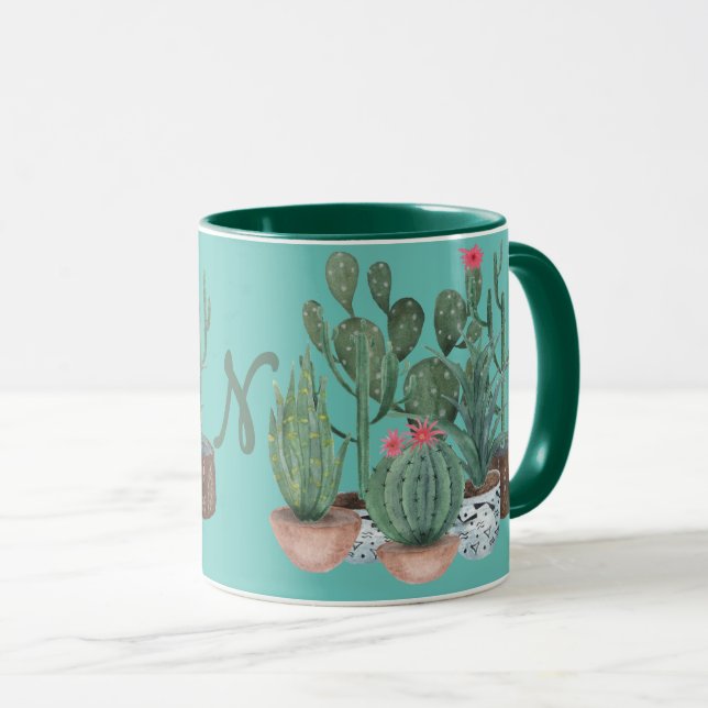 Mug Cactus aquarelle. (Devant droit)