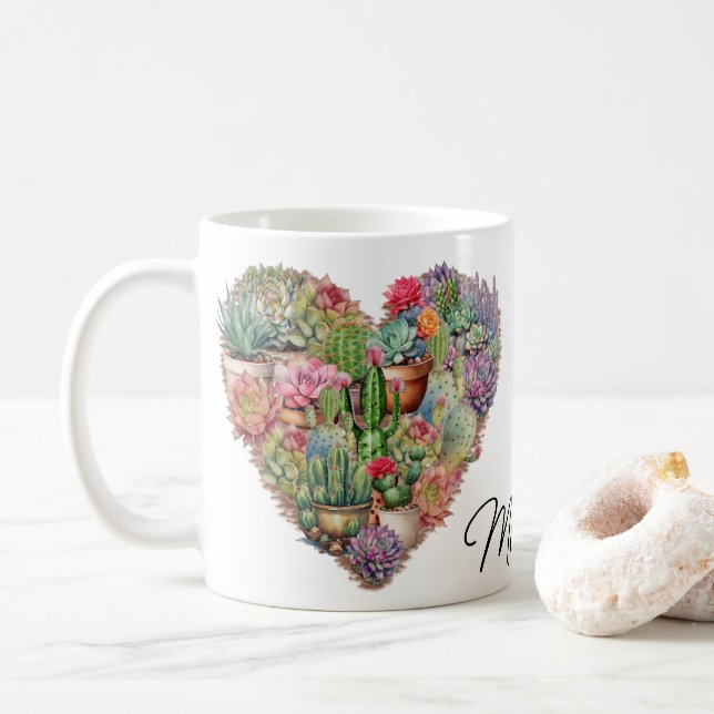 Mug Cactus Dans Un Nom En Forme De Coeur (Avec donut)
