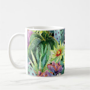 Mug Cactus en floraison, motif aquarelle transparent.