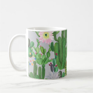 Mug Cactus et fleurs, aquarelle peinture transparente.