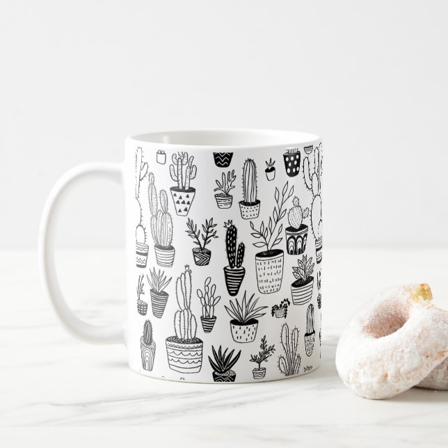 Mug Cactus Poted Plante mignon Motif noir et blanc (Avec donut)