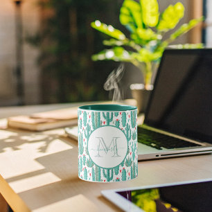 Mug Cactus vert blanc blanc lunaire monogrammé