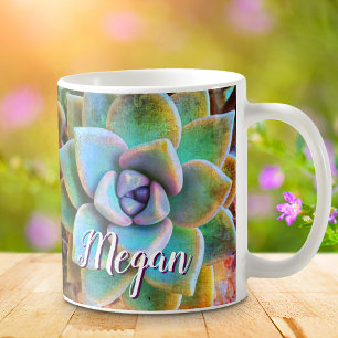 Mug Cactus vert turquoise photo monogramme nom script