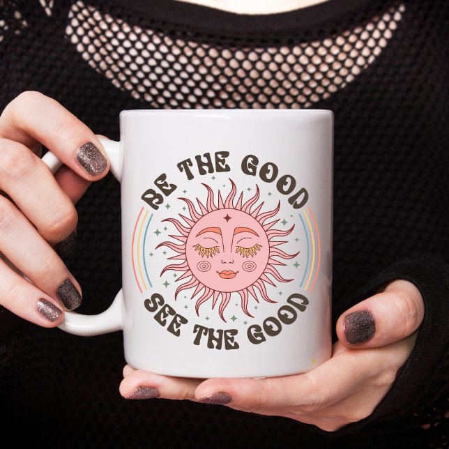 Mug Cadeau Bohème Tendance Inspiration Motivation pour (Boho Trendy Sun Face Celestial Be the Good See the Good Inspirational Motivational Coffee Mug Gift)