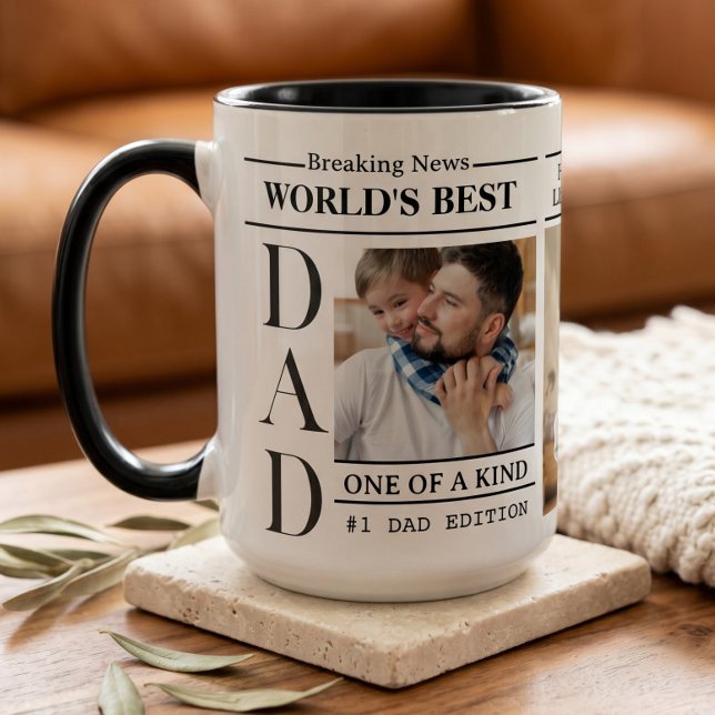 Mug Cadeau commémoratif de collage de photos de journa (World's Best Dad Newspaper Photo Collage Keepsake Mug)