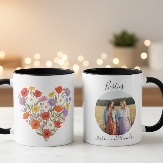Mug Cadeau d'anniversaire de meilleure amie Fleur de c (Floral heart best friend photo coffee mug)