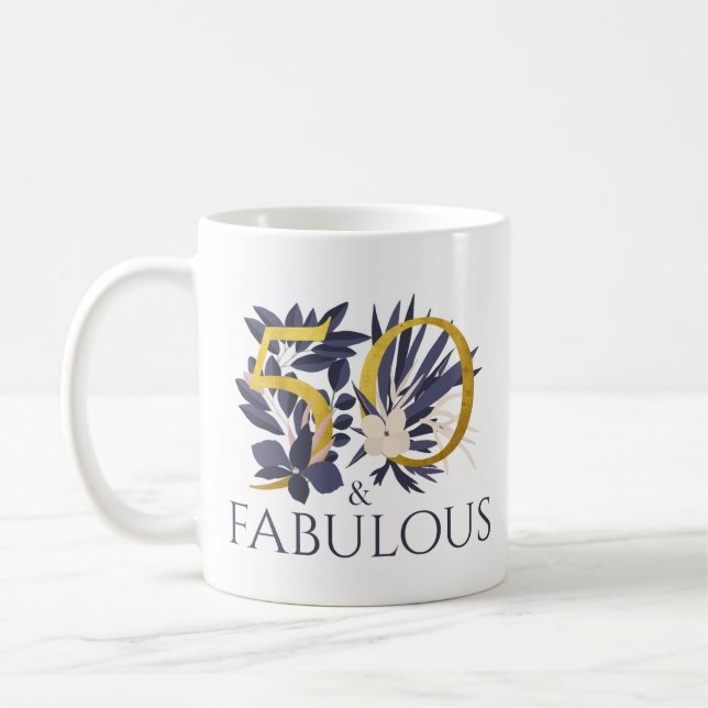 Mug Cadeau d'anniversaire élégant 50 et bleu or (Gauche)