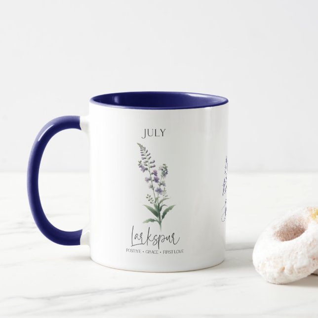 Mug Cadeau d'anniversaire Larkspur Fleur du mois de na (Avec donut)