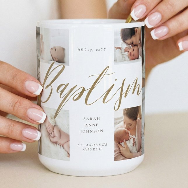 Mug Cadeau de baptême en collage photo calligraphié or (Baptism Gold Calligraphy Photo Collage Keepsake Coffee Mug)