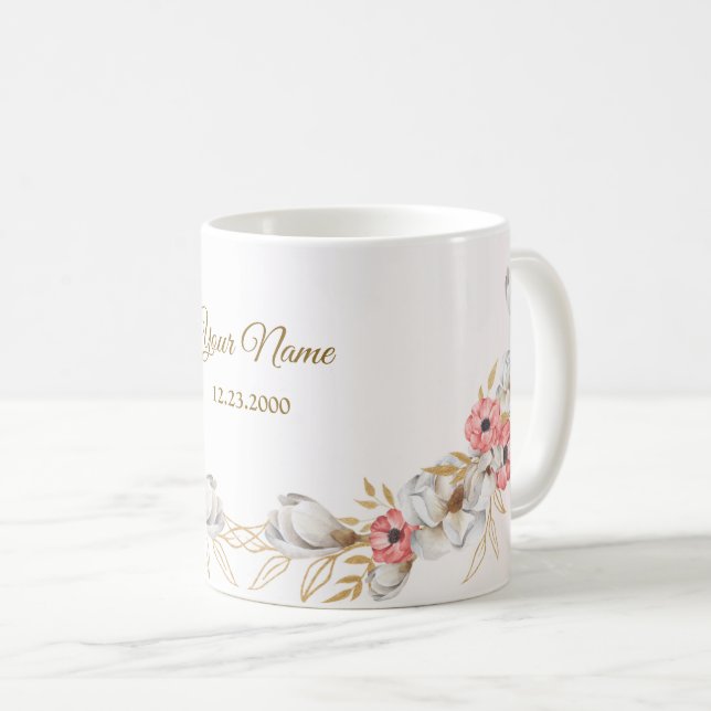 Mug Cadeau de mariage moderne pêche dorée florale rose (Devant droit)