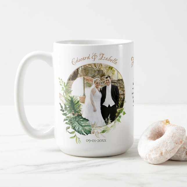 Mug Cadeau de mariage photo Feuilles de Monstera vert  (Avec donut)