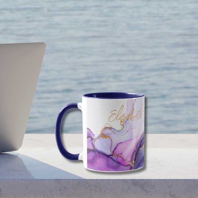 Mug Cadeau de monogramme aquarelle or bleu violet pour (Monogrammed Name Blue purple gold alcohol ink watercolor Two tone colored mug)