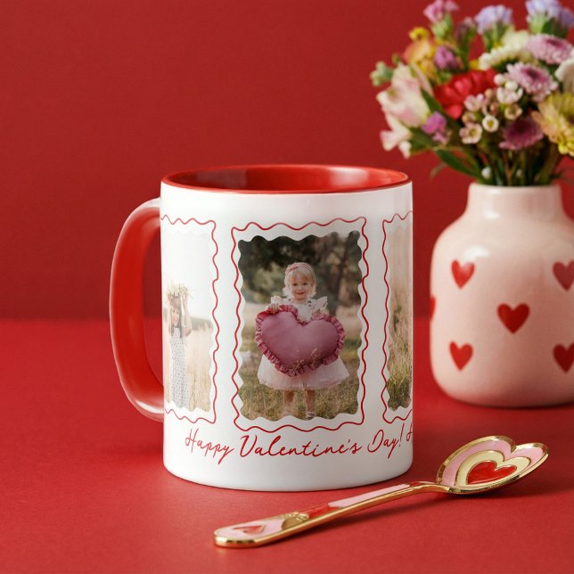 Mug Cadeau de Saint-Valentin Joyeux Collage Photo Ondu (Happy Valentines Day Gift Retro Wavy Photo Collage Mug)