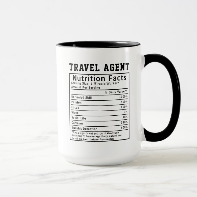 Mug Cadeau drôle pour agent de voyages Faits nutrition (Droite)