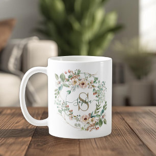 Mug Cadeau Élégant de Nom de Monogramme Floral Personn