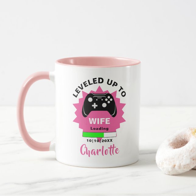 Mug Cadeau Femme nouvellement mariée Levelup Gamer Fun (Avec donut)