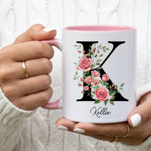 Mug Cadeau Fleur Anniversaire Rose, Monogramme Nom Ini