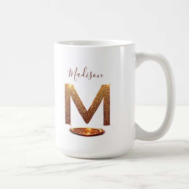 Mug Cadeau Monogramme Lettre M Paillettes Dorées (Droite)