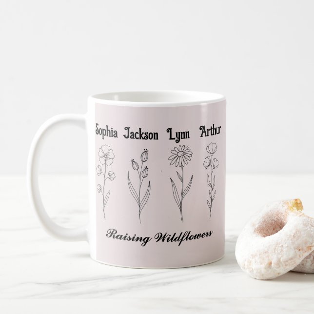 Mug Cadeau personnalisé au nom de l'enfant avec fleurs (Avec donut)