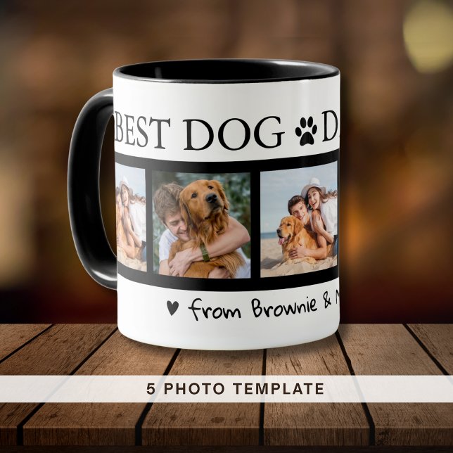 Mug Cadeau personnalisé chien et maman pour papa 5 pho (Custom Dog & Mummy Gift for Dad 5 Photo Black Mug)