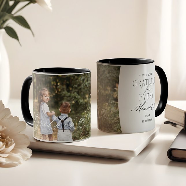 Mug Cadeau personnalisé et élégant de photo de frère e (Brother Script Heart Grateful Every Moment Photo Mug)