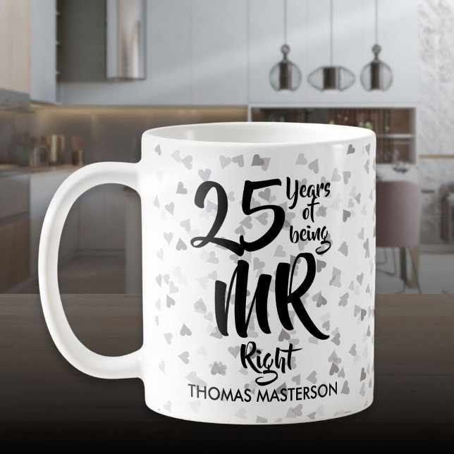 Mug Cadeau pour les 25 ans de mariage - coeurs confett (Mr Right 25th Anniversary Silver Hearts Confetti Coffee Mug)