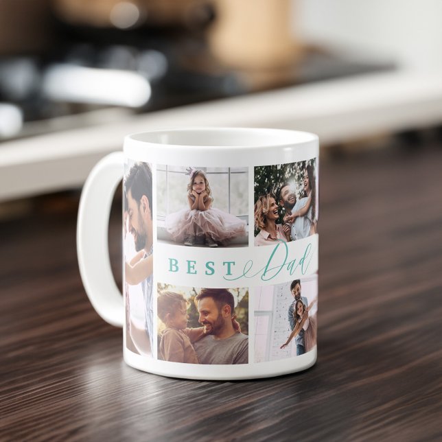 Mug Cadeau Pour Meilleur Papa Jamais Famille Photo Col (Gift For Best Dad Ever Family Photo Collage Aqua Coffee Mug)