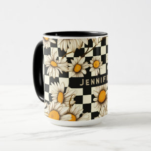 Mug Cadeau Rétro Groovy à Motif de Marguerite à Damier