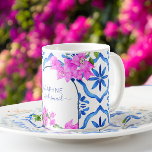Mug Cadeaux de femme de chambre bleu carreaux bougainv