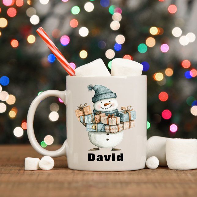 Mug Cadeaux de Noël personnalisés de Snowman (Personalized Snowman Holding Christmas Presents Coffee Mug
)