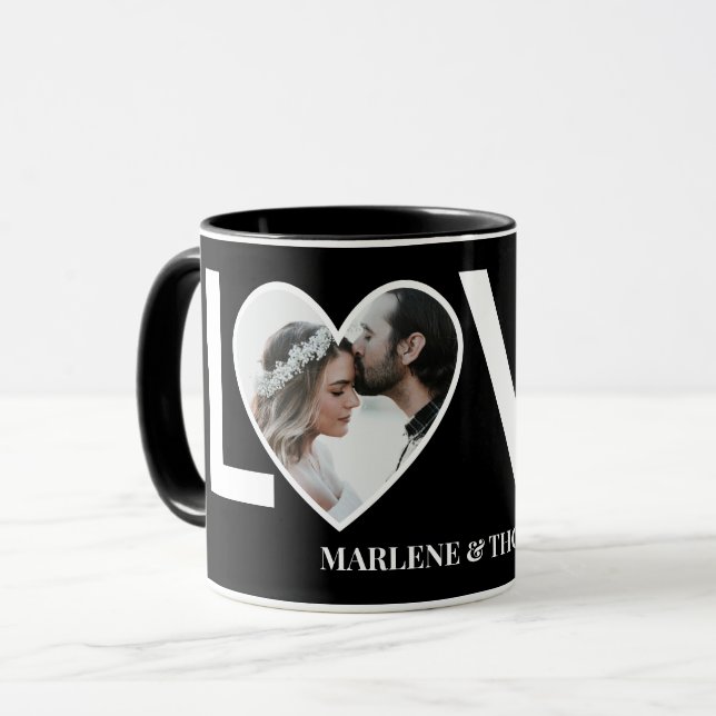 Mug Cadre de cœur noir avec photo personnalisée pour f (Devant gauche)