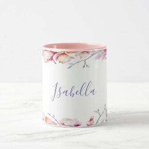 Mug Cadre de fleur de magnolia rose en blanc