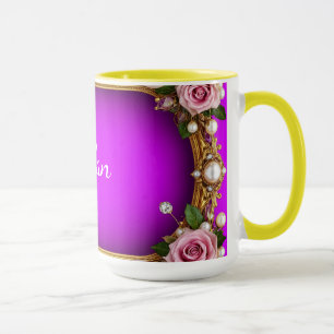 Mug Cadre doré avec roses élégantes et perles