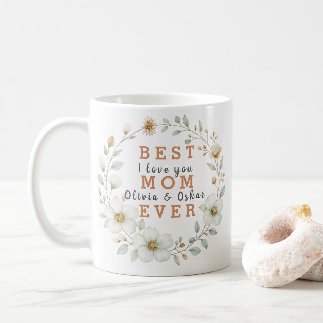 Mug Cadre floral avec I Love You & Children's Names - (Avec donut)
