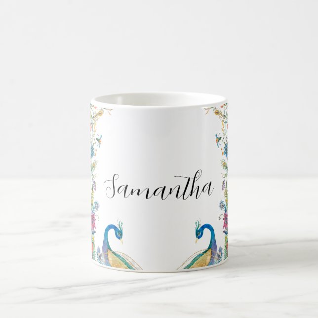 Mug Cadre Peacocs avec fleurs d'aquarelle (Centre)