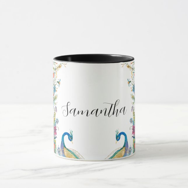 Mug Cadre Peacocs avec fleurs d'aquarelle (Centre)