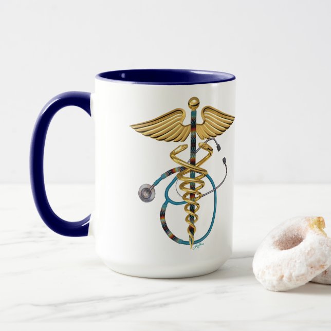 Mug Caduceus avec Stethoscope perlé Bleu et blanc (Avec donut)