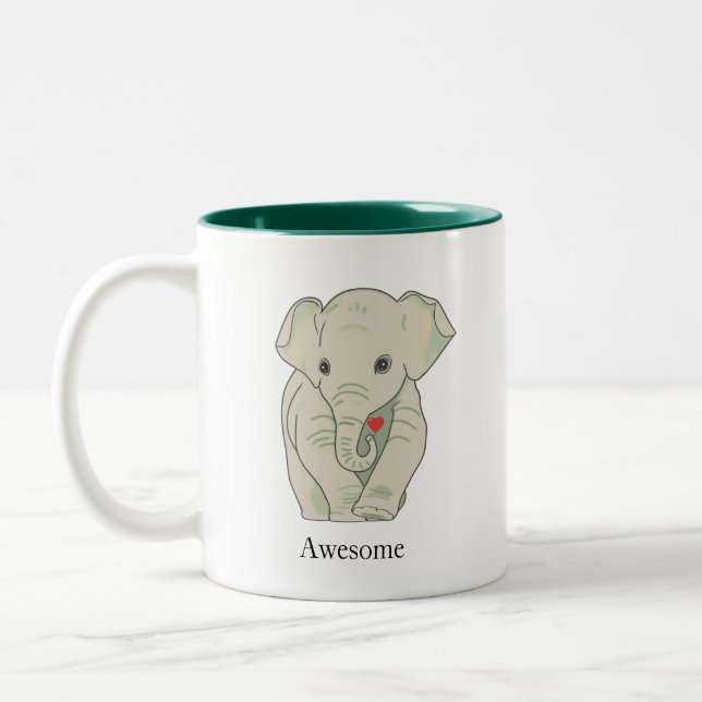 Mug Café Deux Tons Éléphant Mignon Tenant un Cœur (Gauche)