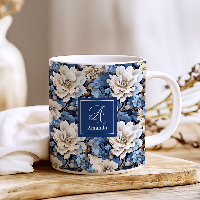 Mug Café Fleurs Blanches Bleues Classiques avec No (Classic Blue White Flowers Custom Name Coffee Mug)