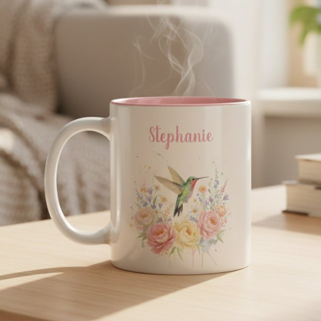 Mug Café Fleurs Colibri – Cadeau Rose Pastel (Floral Hummingbird Pesonalized pink coffee mug)