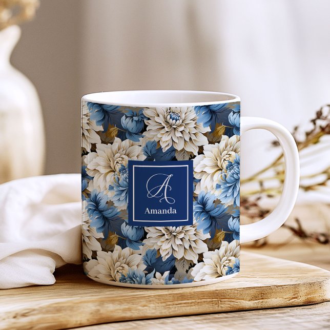 Mug Café Fleurs de la Marine de Luxe Nom Personnal (Luxury Navy Flowers Custom Name Floral Coffee Mug)