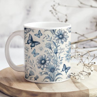 Café Floral et Papillon bleu et blanc Vintage