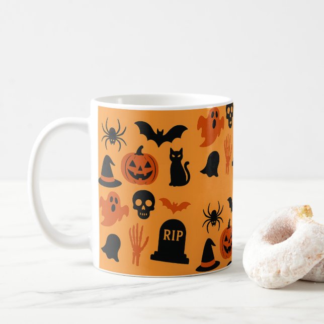 Mug café Halloween éffrayant - Noir & Orange (Avec donut)