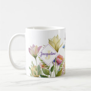 Mug Café illustré de fleurs sauvages colorées Monogram