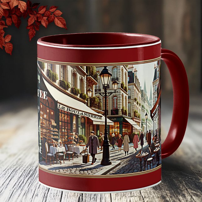 Mug Café Love French Retro Bakery Paris (Mug featuring a French city scene in retro style with coffee shops and bakeries)