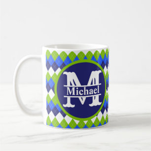 Mug Café Monogramme Jacquard bleu, vert citron et blan