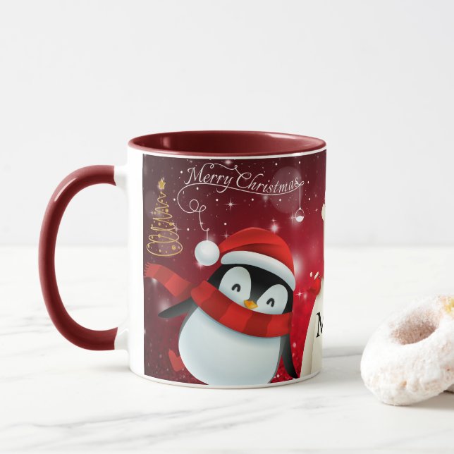 MUG CAFÉ PERSONNALISÉ PENGUIN & OURS MERRY CHRISTMAS (Avec donut)